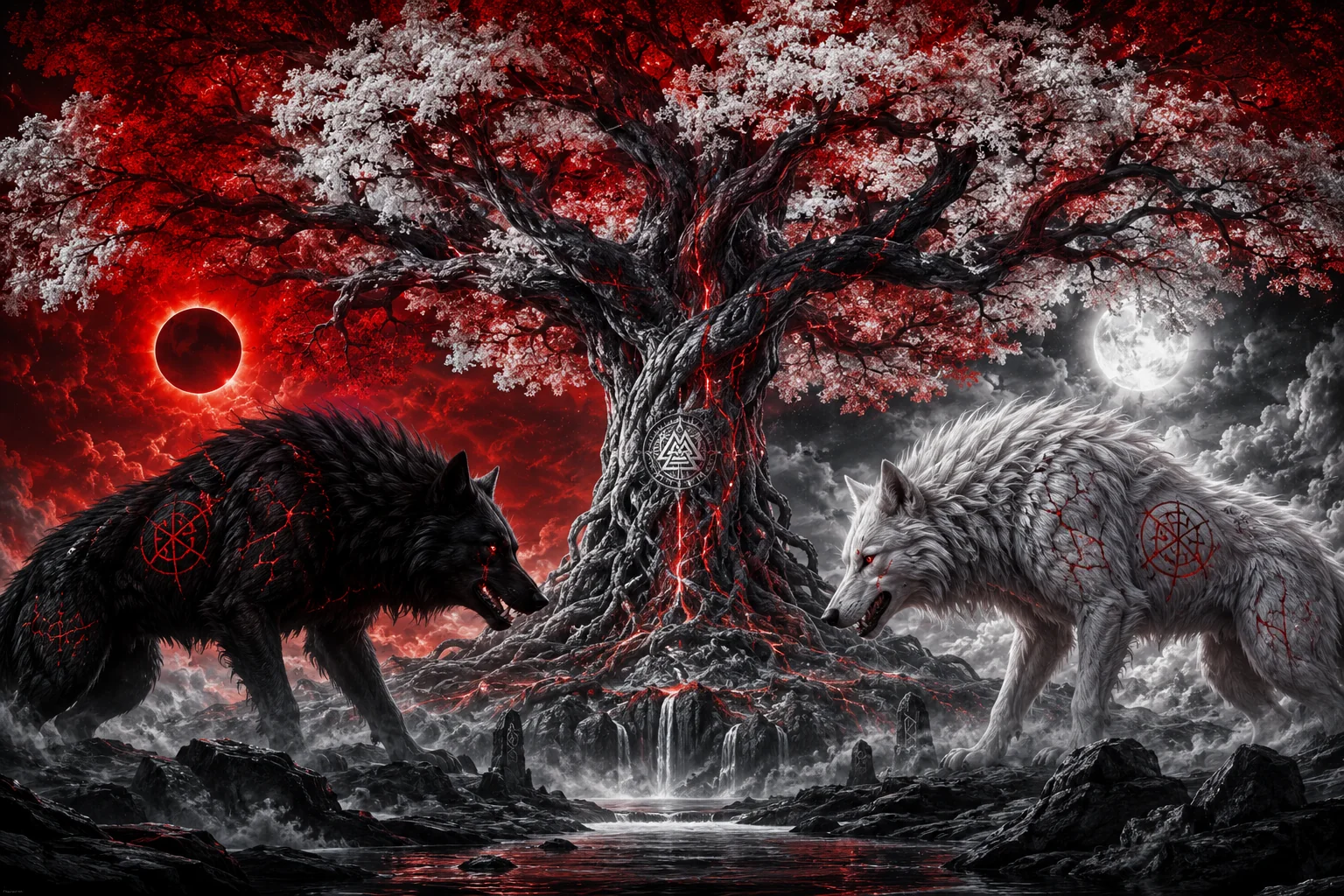 Hati und Sk&oslash;ll vor Yggdrasil